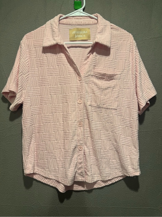 Araminta James Tops - Araminta James Women's Light Pink Short Sleeve Terry Button-Down Shirt